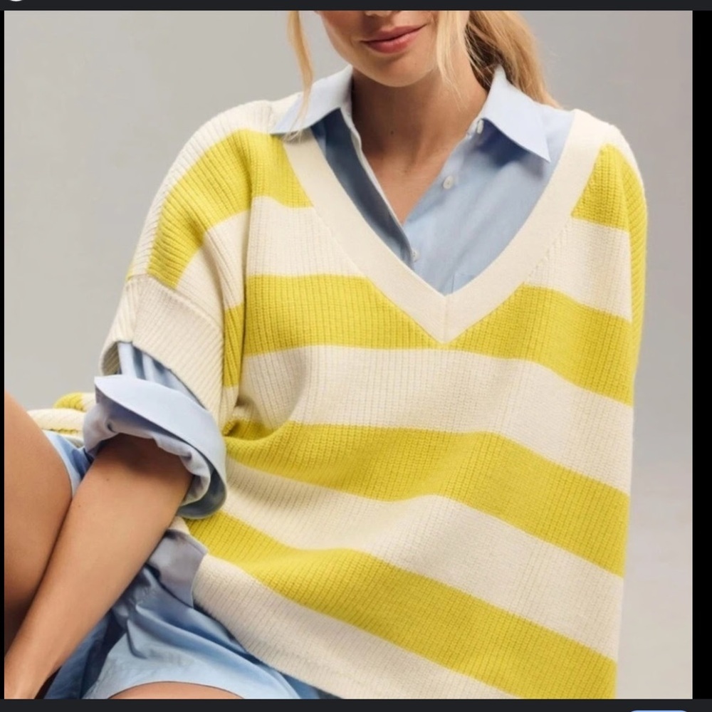 Anthropologie Maeve V-neck Short Sleeve Tripe   Women's Sweater Oversize SizeXS
